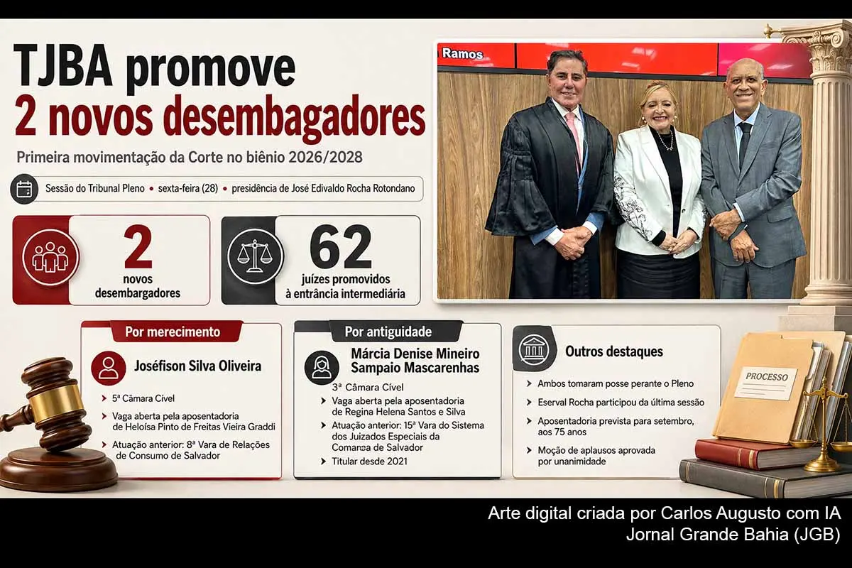 O Tribunal de Justiça da Bahia promoveu, em 28/08/2026, Joséfison Oliveira e Márcia Denise Mascarenhas ao cargo de desembargador, pelos critérios de merecimento e antiguidade. Os magistrados assumiram vagas na 5ª e na 3ª Câmaras Cíveis. A sessão também promoveu 62 juízes à entrância intermediária e marcou a despedida de Eserval Rocha, cuja aposentadoria está prevista para setembro, ampliando as mudanças na composição do Judiciário baiano.