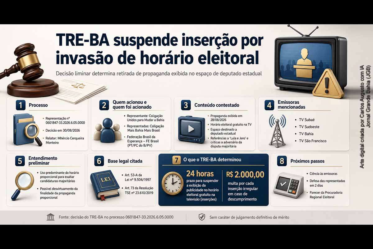 O TRE-BA concedeu liminar em representação da Coligação Unidos para Mudar a Bahia e determinou que Mais Bahia Mais Brasil e Federação Brasil da Esperança suspendam inserção exibida no horário destinado a deputado estadual. O relator apontou, preliminarmente, possível invasão do espaço proporcional por referências a candidaturas majoritárias. A ordem prevê R$ 2 mil por inserção irregular, prazo para defesa e posterior parecer da Procuradoria Regional Eleitoral.