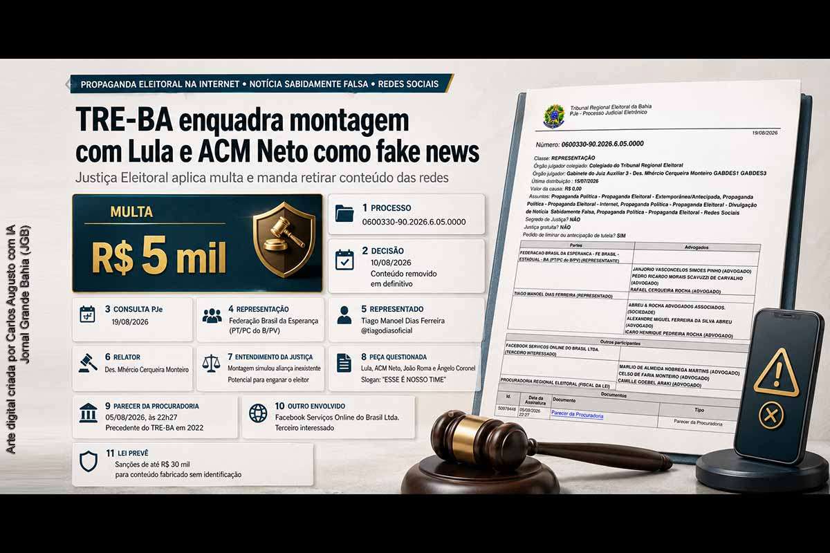 O TRE-BA aplicou multa de R$ 5 mil a Tiago Manoel Dias Ferreira por publicar no Instagram uma montagem que simulava aliança entre Lula, ACM Neto, João Roma e Ângelo Coronel. A decisão determinou a retirada definitiva da peça e proibiu sua nova circulação. A Federação Brasil da Esperança apresentou a representação, enquanto a Procuradoria Regional Eleitoral respaldou o entendimento sobre o caráter desinformativo da publicação.