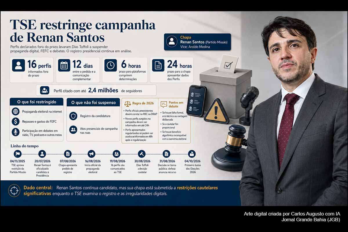 O ministro Dias Toffoli, do TSE, restringiu a propaganda digital, o acesso ao Fundo Eleitoral e a participação em debates da chapa de Renan Santos após identificar 16 perfis comunicados fora do prazo. O registro presidencial continua em análise. Renan atribui o episódio a falha técnica e anuncia recurso. Juristas divergem sobre a proporcionalidade, enquanto dados das plataformas e eventual revisão pelo Tribunal deverão definir os próximos desdobramentos.