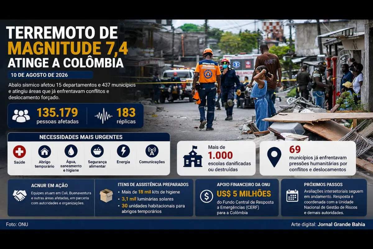 Abalo sísmico de 10 de agosto atingiu 15 departamentos e 437 municípios, incluindo 69 localidades que já enfrentavam conflitos armados e deslocamento forçado.
