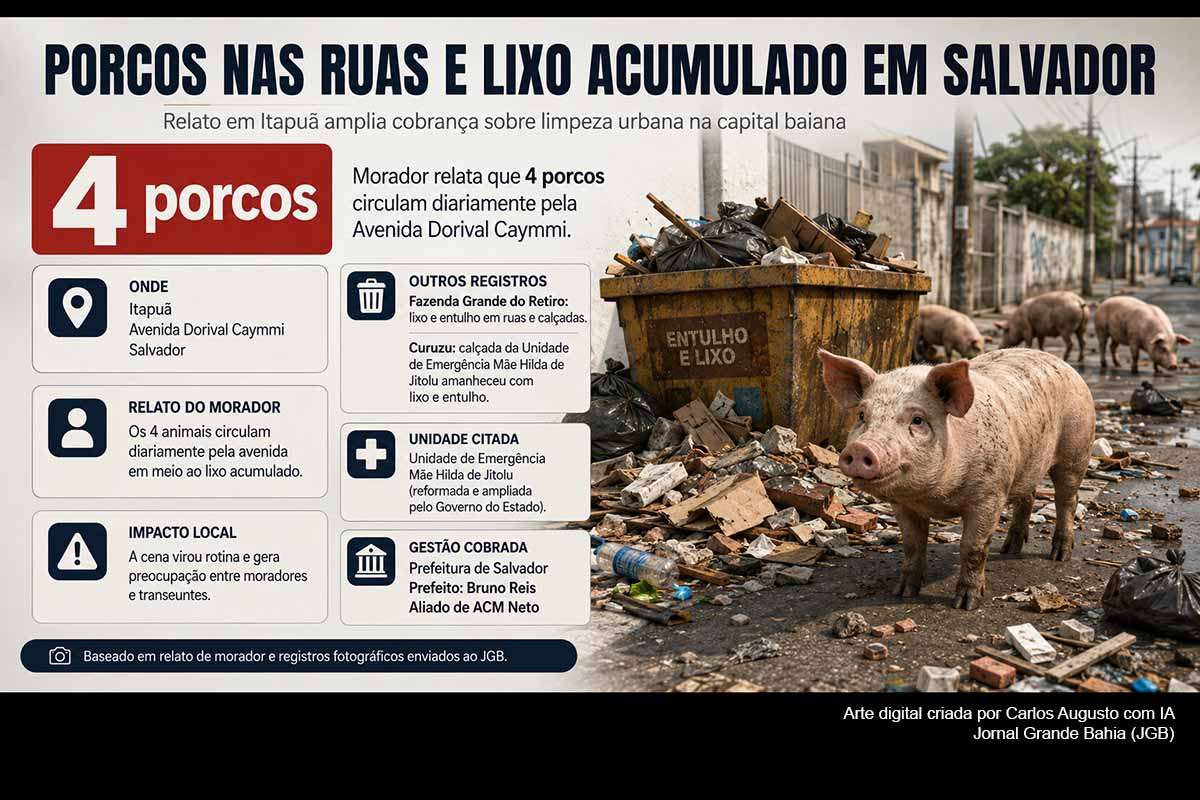 Imagens registram quatro porcos circulando pela Avenida Dorival Caymmi, em Itapuã, próximos a pontos com resíduos. Um morador afirma que os animais aparecem diariamente. Relatos de lixo e entulho também alcançam áreas da Fazenda Grande do Retiro e do Curuzu, ampliando o debate sobre limpeza urbana em Salvador. O caso demanda acompanhamento das providências da Prefeitura de Salvador, fiscalização dos resíduos e identificação da origem dos animais.