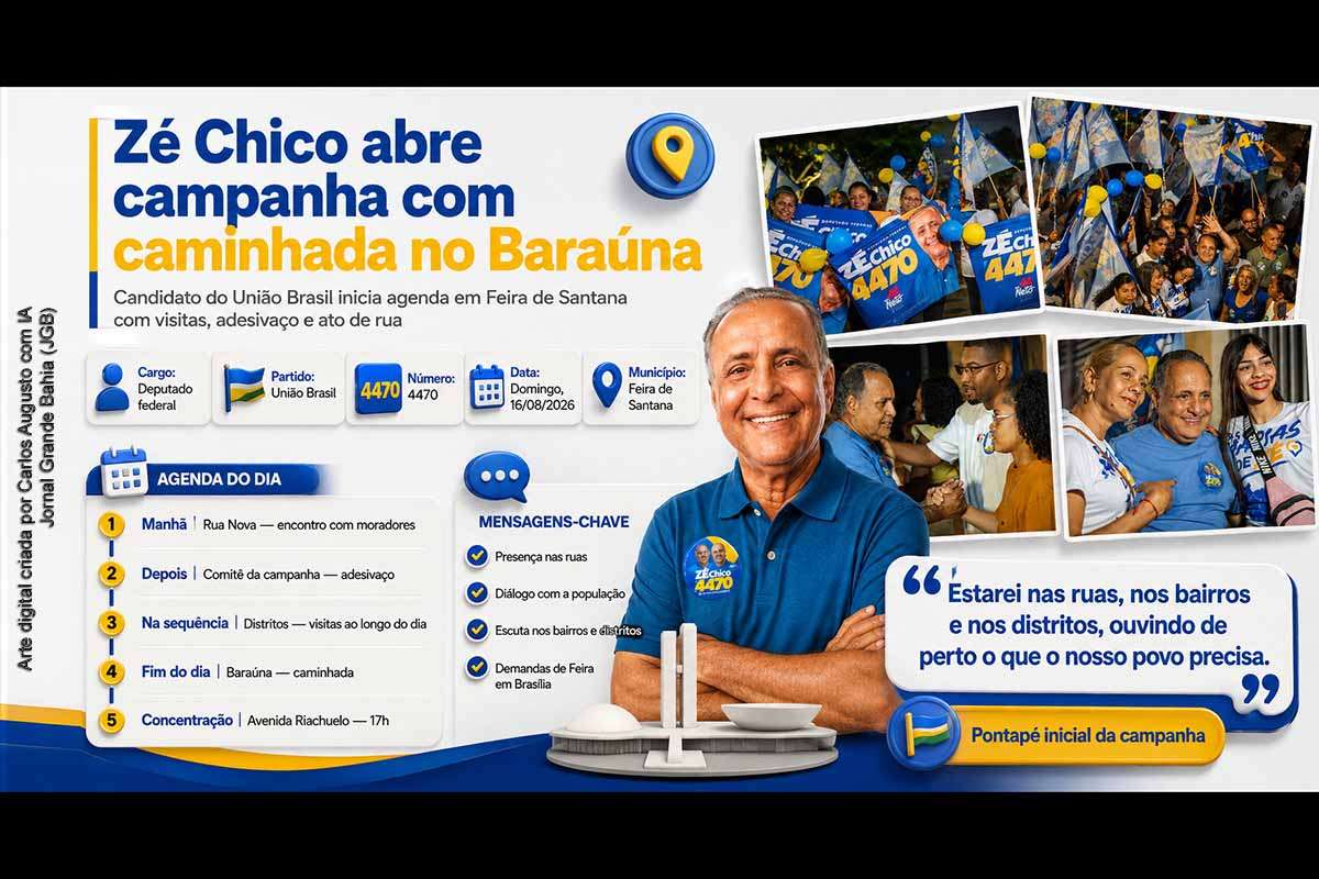 Zé Chico, candidato a deputado federal pelo União Brasil, iniciou em 16/08/2026 sua campanha em Feira de Santana. A agenda passou pela Rua Nova, comitê eleitoral e distritos antes de terminar com caminhada no bairro Baraúna, a partir das 17h. O candidato defendeu presença nos bairros, escuta dos moradores e representação das demandas do município em Brasília. Propostas específicas e metas ainda deverão ser detalhadas durante a campanha.