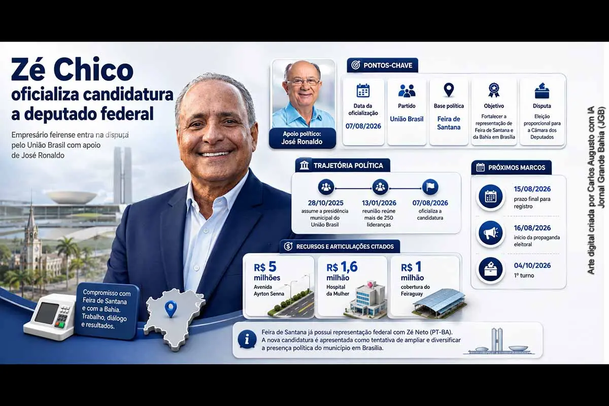 O empresário Zé Chico oficializou sua candidatura a deputado federal pelo União Brasil, com apoio do prefeito José Ronaldo, em Feira de Santana. O projeto eleitoral busca ampliar a representação política vinculada ao município na Câmara dos Deputados e sucede meses de articulação partidária. O registro perante a Justiça Eleitoral pode ser apresentado até 15 de agosto, a campanha começa no dia 16 e a votação ocorre em 4 de outubro de 2026.