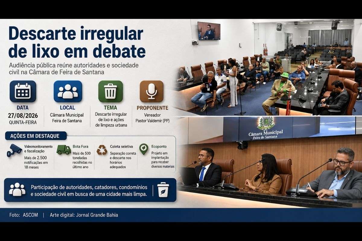 Audiência pública na Câmara de Feira de Santana reuniu gestores, representantes da Sustentare, catadores e sociedade civil para discutir fiscalização e destinação correta de resíduos.