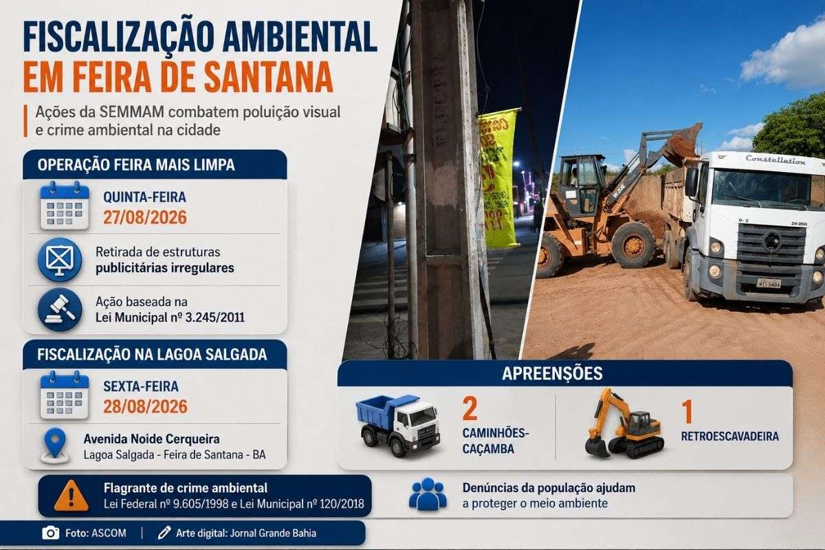 Operações Feira Mais Limpa e de fiscalização na Lagoa Salgada resultaram na retirada de peças publicitárias e na apreensão de dois caminhões-caçamba e uma retroescavadeira.