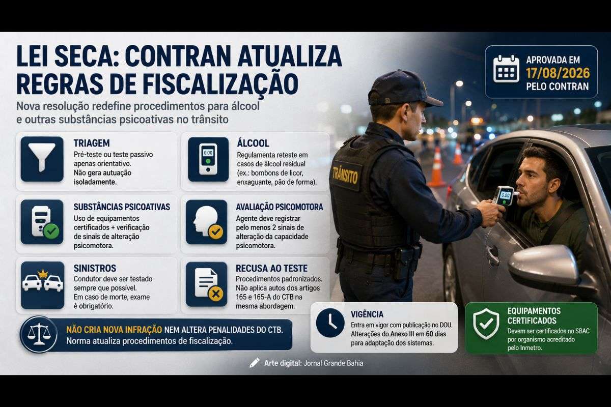 Nova resolução cria etapa de triagem, regulamenta retestes, estabelece critérios para equipamentos de detecção de substâncias psicoativas e atualiza procedimentos em casos de recusa ao teste.