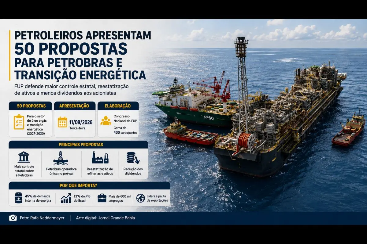 Plataforma da FUP defende maior controle estatal sobre a Petrobras, reestatização de ativos, redução da distribuição de dividendos e políticas para uma transição energética com desenvolvimento nacional.