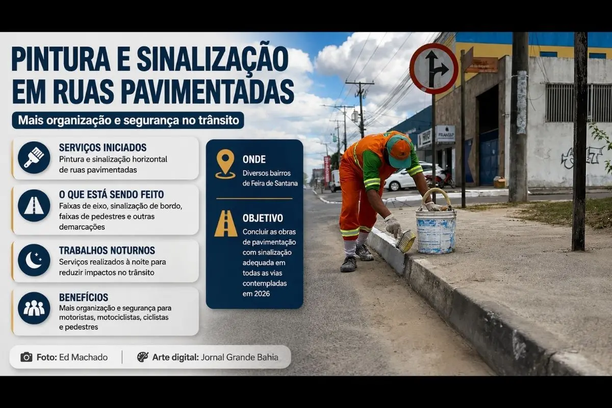 Serviços incluem faixas de eixo, sinalização de bordo, faixas de pedestres e outras demarcações previstas nas vias pavimentadas.