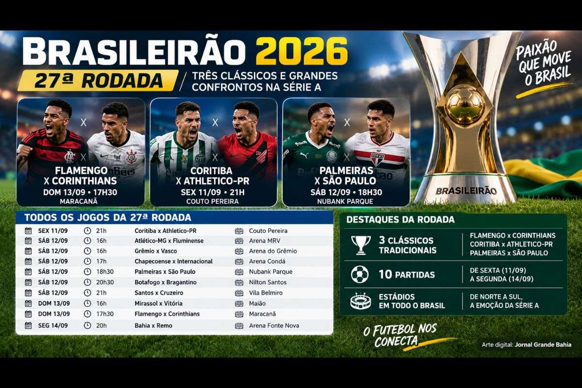 Rodada 27 da Série A será disputada com dez partidas e três confrontos diretos entre clubes tradicionais do futebol brasileiro.