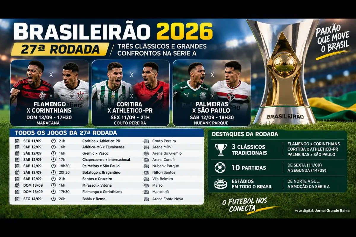 Rodada 27 da Série A será disputada com dez partidas e três confrontos diretos entre clubes tradicionais do futebol brasileiro.