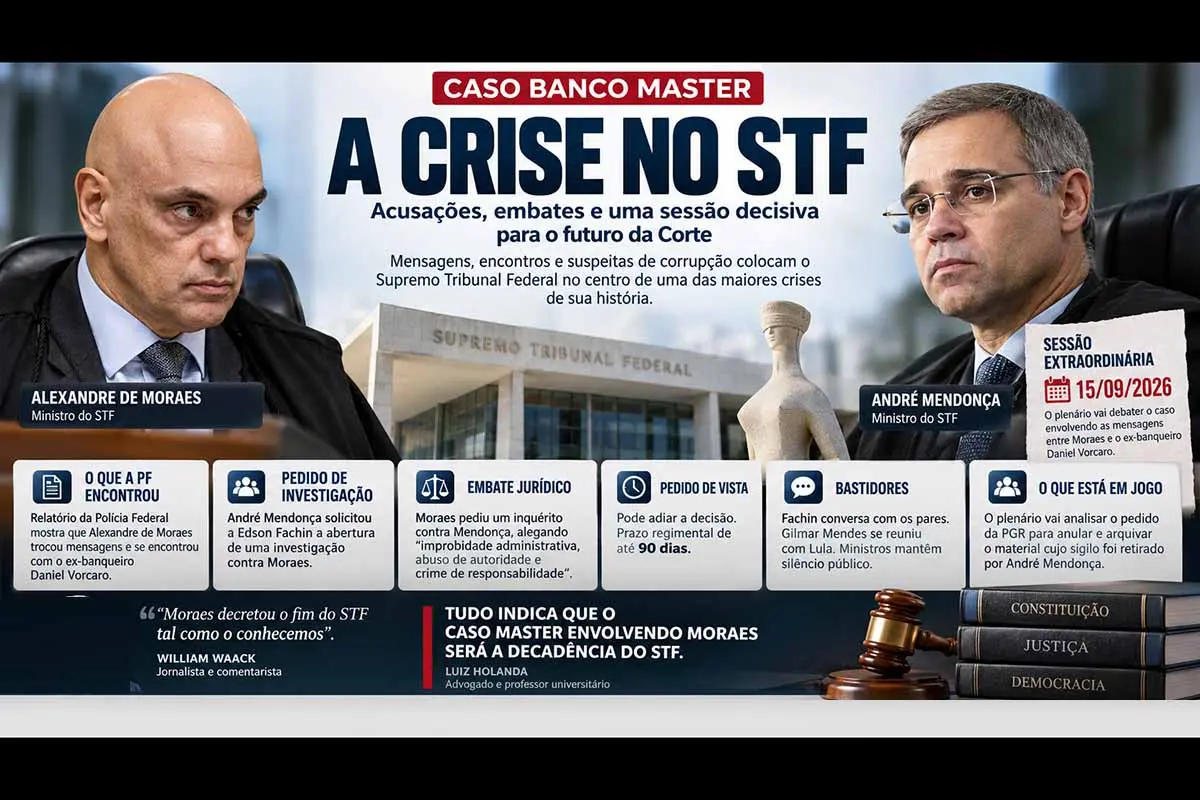 O artigo de Luiz Holanda analisa a crise institucional no Supremo Tribunal Federal provocada pelos desdobramentos do caso Banco Master e pelo embate entre Alexandre de Moraes e André Mendonça. O texto aborda mensagens atribuídas a Daniel Vorcaro, manifestações da PGR, movimentações internas no STF e a sessão extraordinária de 15/09/2026, apontada como decisiva para os próximos passos jurídicos e institucionais da controvérsia.