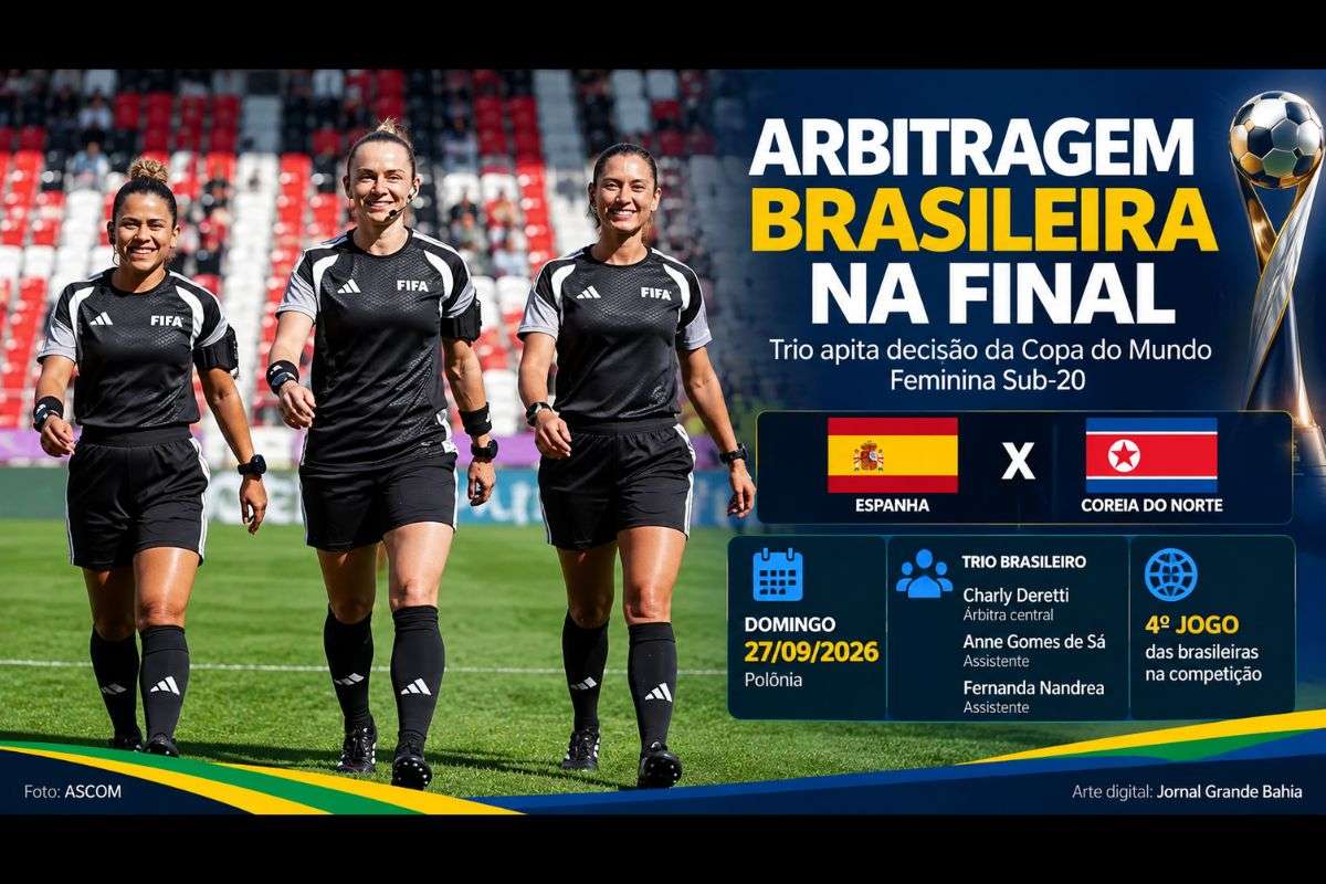 Charly Deretti, Anne Gomes de Sá e Fernanda Nandrea estarão na decisão do Mundial no domingo (27/09/2026), na Polônia; designação foi confirmada pela FIFA nesta quinta-feira.