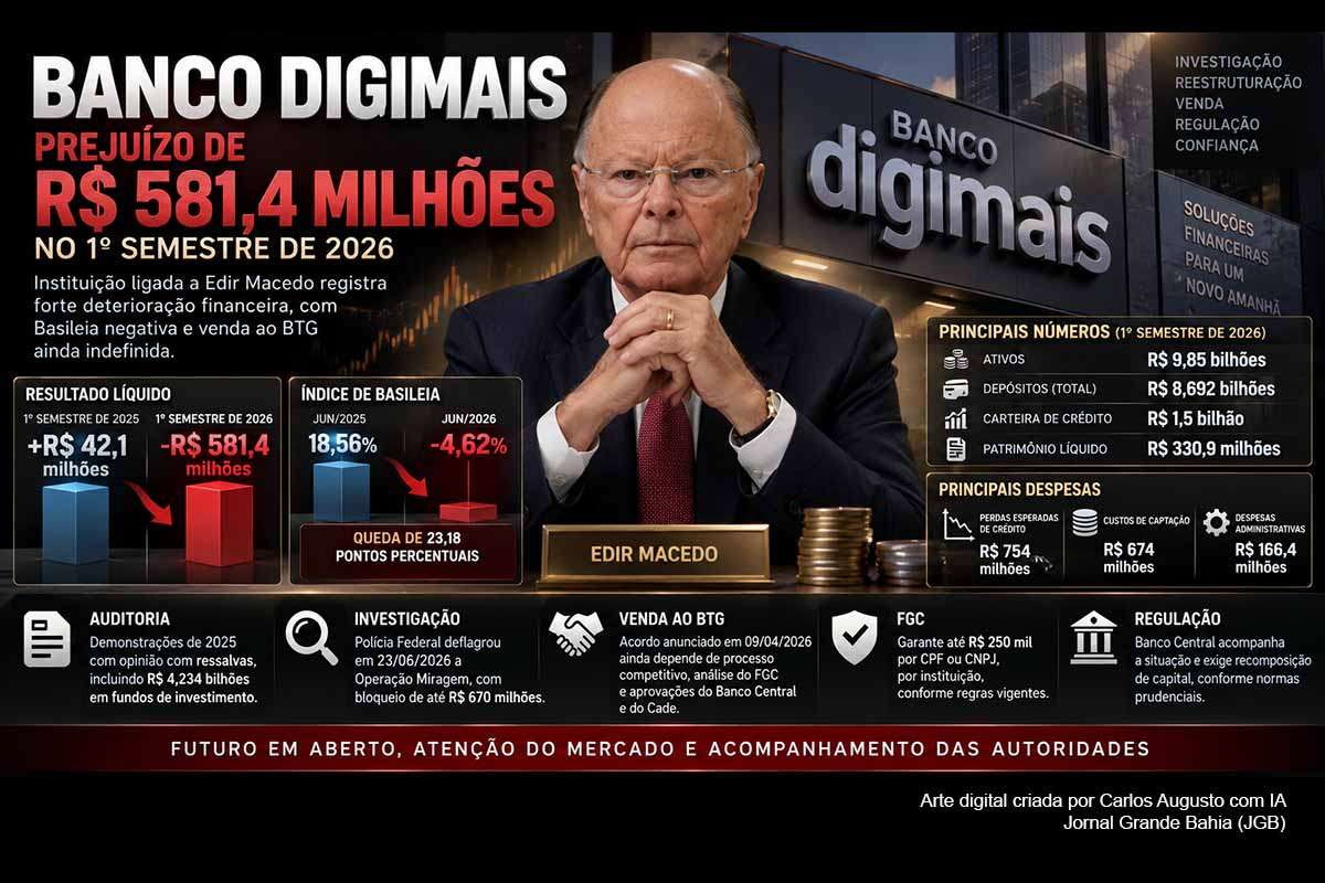 O Banco Digimais, ligado a Edir Macedo, registrou prejuízo de R$ 581,4 milhões no primeiro semestre de 2026 e viu o Índice de Basileia cair para -4,62%. Com quase R$ 10 bilhões em ativos, o banco enfrenta investigação da Polícia Federal, ressalvas de auditoria sobre as contas de 2025 e indefinição sobre eventual venda ao BTG Pactual, operação que também envolve análise do FGC.