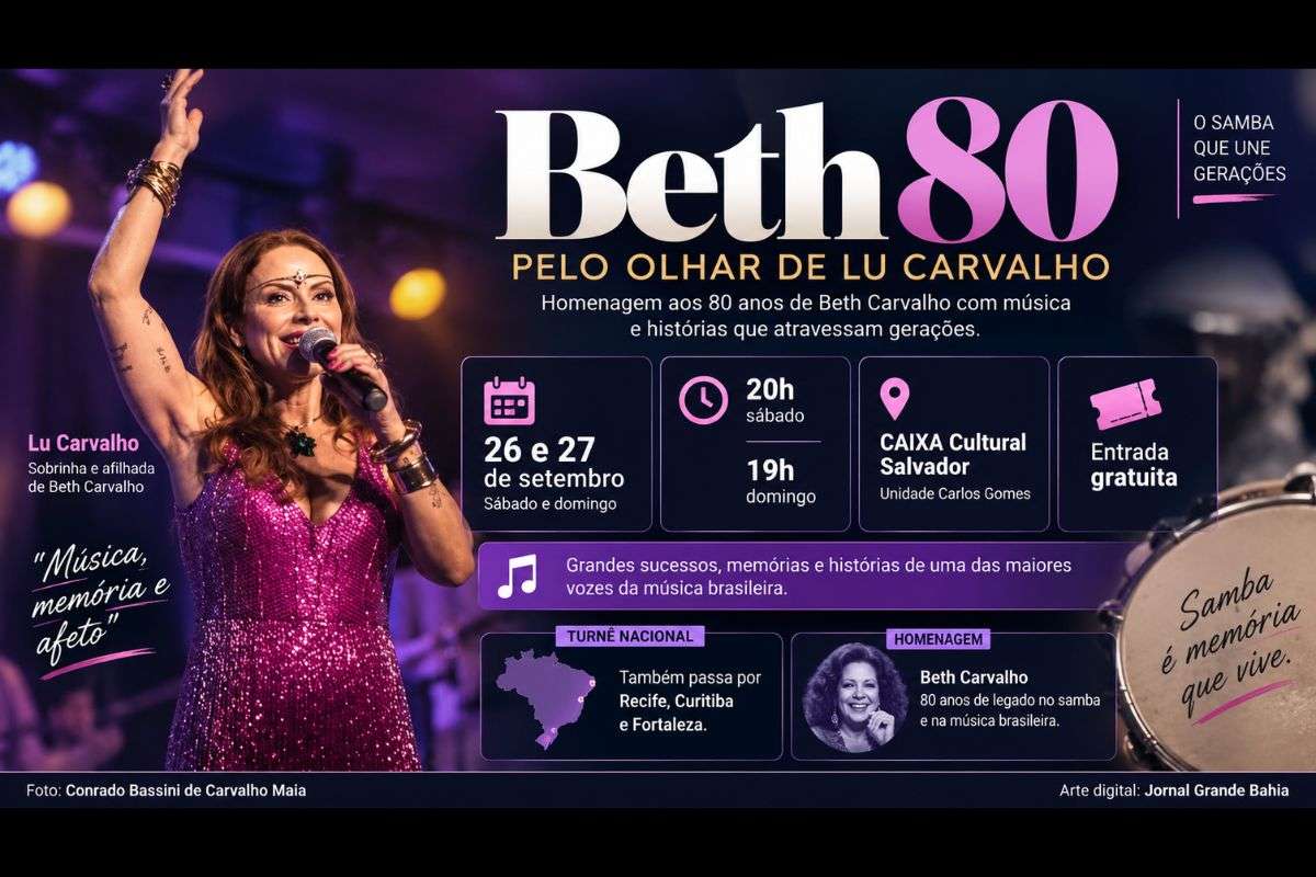 Homenagem aos 80 anos de nascimento de Beth Carvalho será apresentada nos dias 26 e 27 de setembro, na Unidade Carlos Gomes, com repertório e memórias compartilhadas por Lu Carvalho.