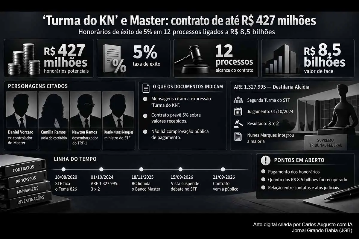 Documentos do Caso Master revelados em 21/09/2026 mostram contrato de honorários de êxito que poderia alcançar R$ 427 milhões sobre R$ 8,5 bilhões em 12 processos de precatórios. Mensagens do celular de Daniel Vorcaro citam Newton e Camilla Ramos como “Turma do KN” e fazem referência a Kassio Nunes Marques. O material exige apuração sobre pagamentos, relações privadas e eventual conexão com atos judiciais.