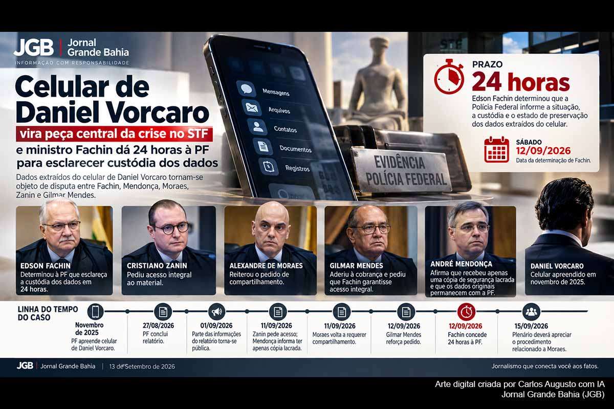 Edson Fachin determinou que a Polícia Federal esclareça em 24 horas a custódia e o estado dos dados extraídos do celular de Daniel Vorcaro. André Mendonça afirma possuir apenas uma cópia lacrada, enquanto Zanin, Moraes e Gilmar Mendes defendem acesso integral ao material. A controvérsia envolve cadeia de custódia, igualdade entre julgadores e a validade de provas que poderão influenciar a sessão do STF de 15 de setembro