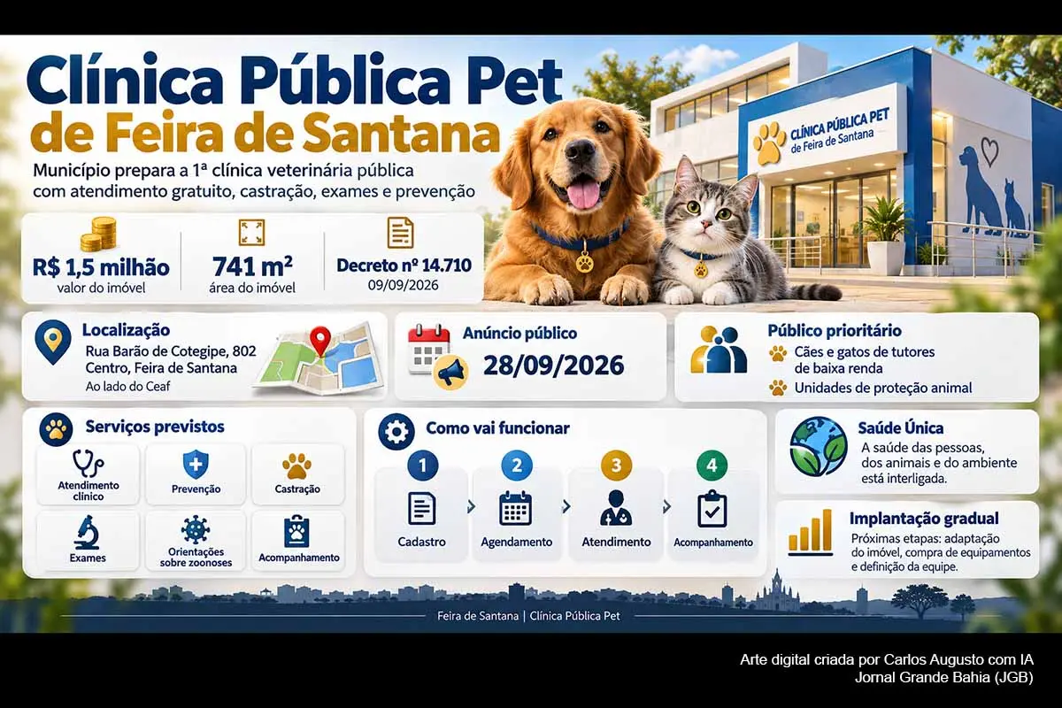 Feira de Santana iniciou a implantação de sua primeira Clínica Pública Pet, em imóvel de 741 m², na Rua Barão de Cotegipe, adquirido por R$ 1,5 milhão. A unidade terá cadastro e agendamento, consultas, exames, castração, prevenção e acompanhamento de cães e gatos, com prioridade para famílias de baixa renda e proteção animal. Obras, equipamentos, equipe, capacidade mensal e data de inauguração ainda precisam ser definidos e acompanhados
