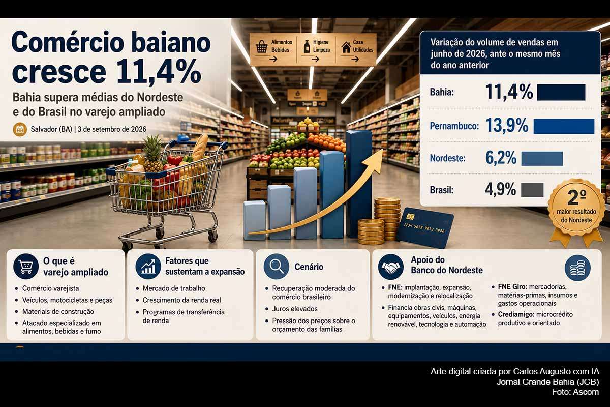 O comércio varejista ampliado da Bahia cresceu 11,4% em junho de 2026 na comparação anual, segundo estudo do Etene/BNB, ficando atrás apenas de Pernambuco no Nordeste e acima das médias regional e brasileira. O levantamento associa a expansão regional ao emprego, à renda e às transferências, enquanto juros elevados permanecem como restrição. O Banco do Nordeste disponibiliza linhas do FNE, FNE Giro e Crediamigo para financiar empresas e empreendedores.