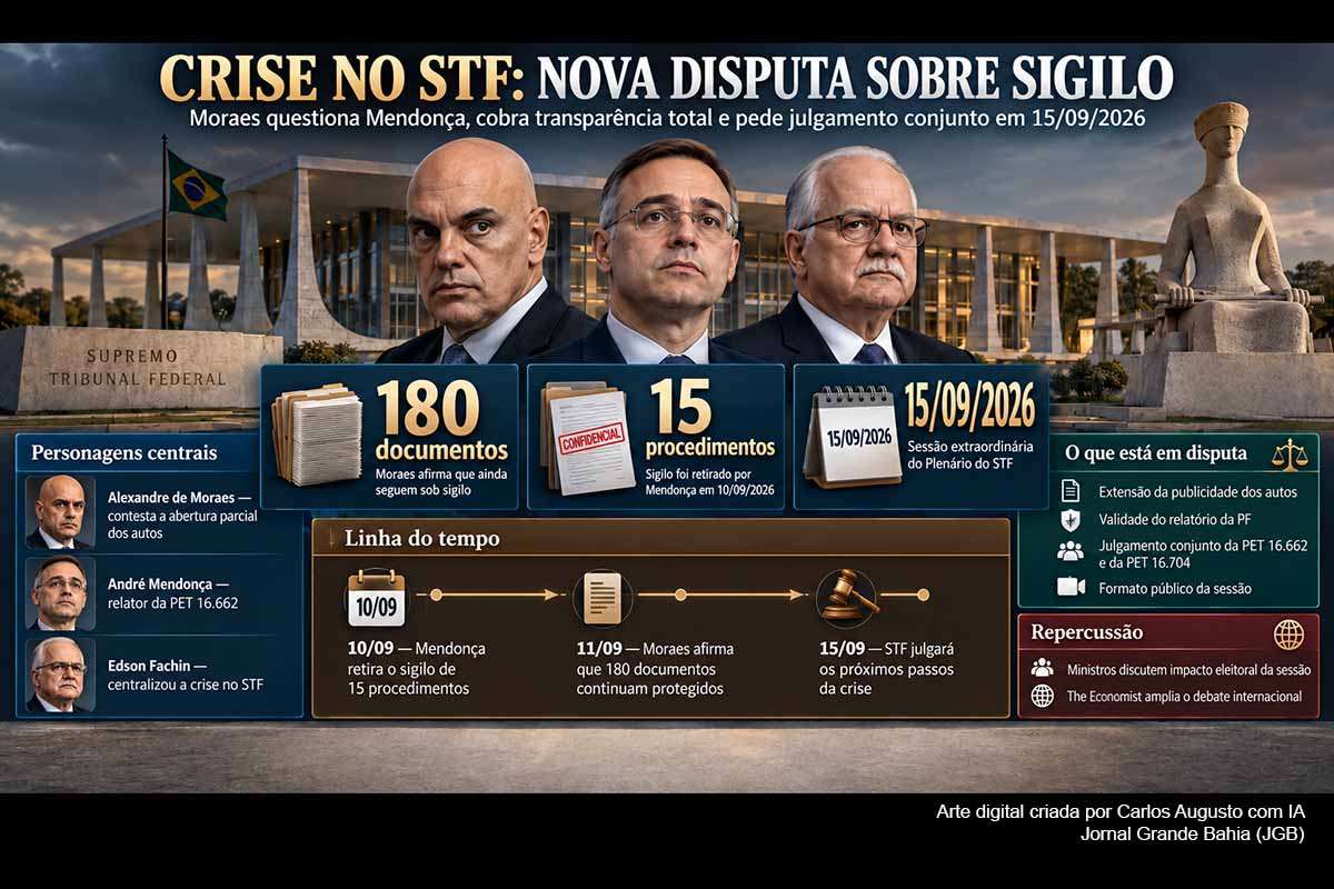 Alexandre de Moraes pediu a Edson Fachin julgamento conjunto das controvérsias envolvendo ele e André Mendonça e afirmou que cerca de 180 documentos do caso Banco Master continuam sob sigilo. A nova disputa ocorre antes da sessão de 15/09/2026, enquanto ministros discutem os efeitos eleitorais de uma transmissão pública e a revista The Economist amplia internacionalmente o debate sobre a legitimidade institucional do STF.