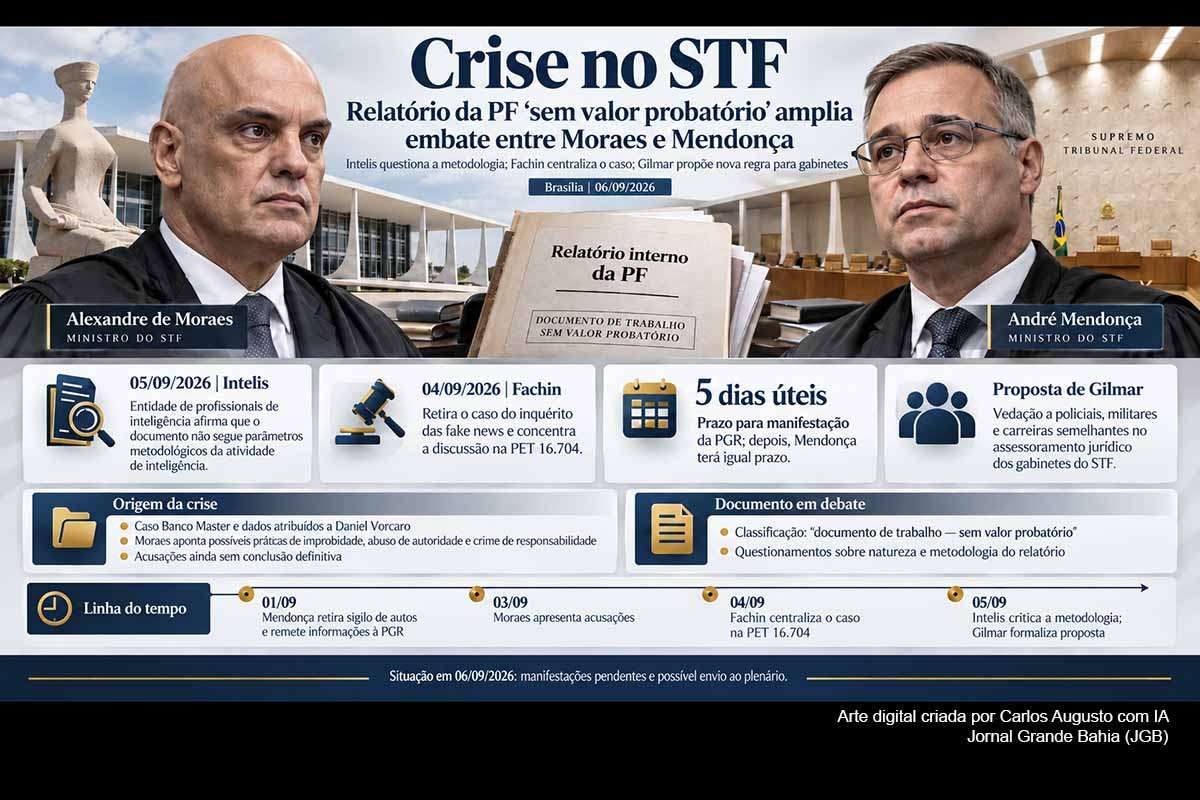 A crise entre Alexandre de Moraes e André Mendonça ganhou novo capítulo após a Intelis, entidade de profissionais da Abin, questionar a metodologia do relatório da PF utilizado por Moraes. Edson Fachin concentrou as acusações na PET 16.704, enquanto Gilmar Mendes propôs restringir policiais nos gabinetes do STF. A PGR, Mendonça e a própria Corte ainda deverão enfrentar questões sobre provas, competência e regularidade das investigações.