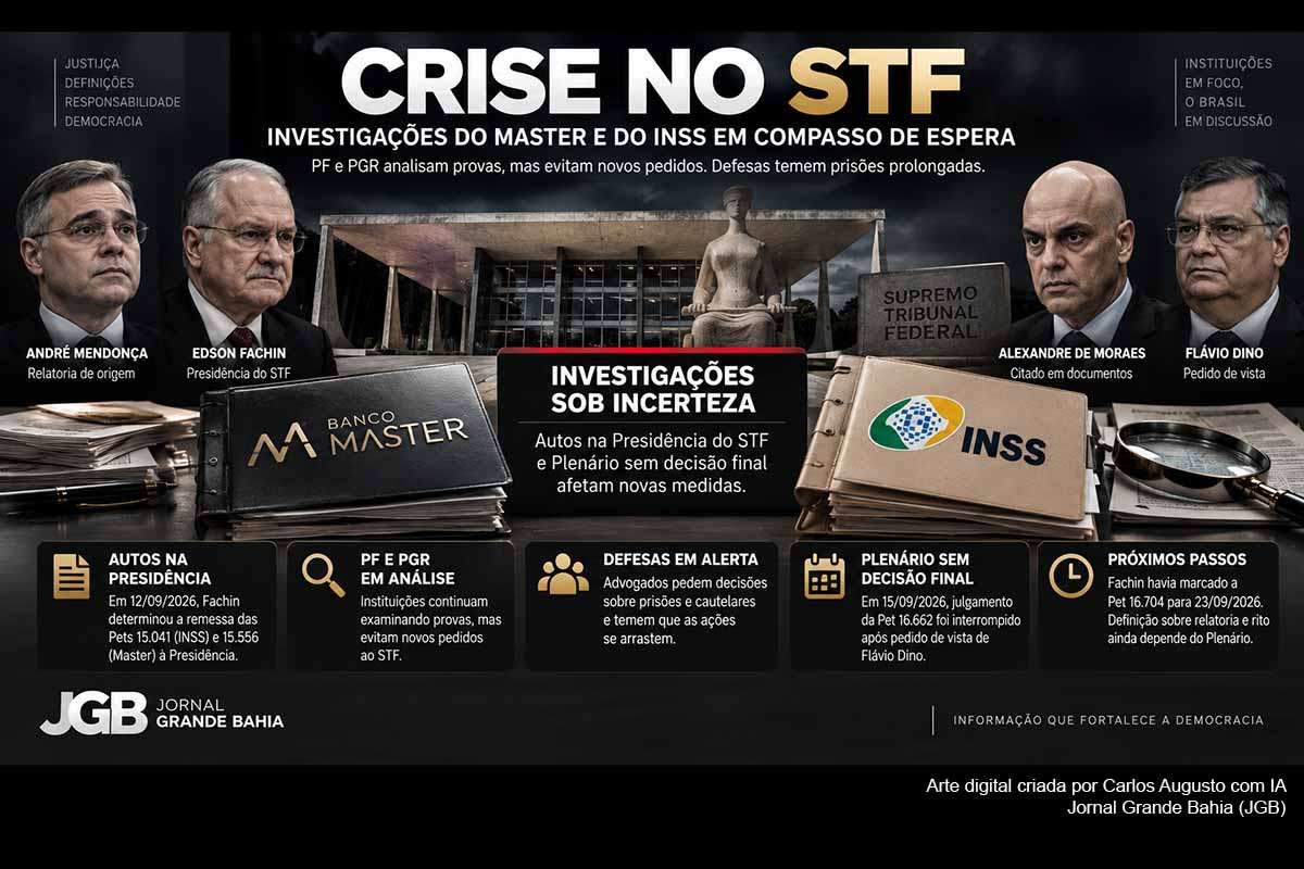 A crise processual no STF mantém sob incerteza as investigações do Banco Master e das fraudes no INSS após a remessa dos autos à Presidência. PF e PGR continuam analisando provas, mas evitam novas medidas dependentes de autorização judicial. Defesas cobram decisões sobre prisões e cautelares. O Plenário ainda precisa definir competências, relatorias e o rito das petições relacionadas ao impasse.