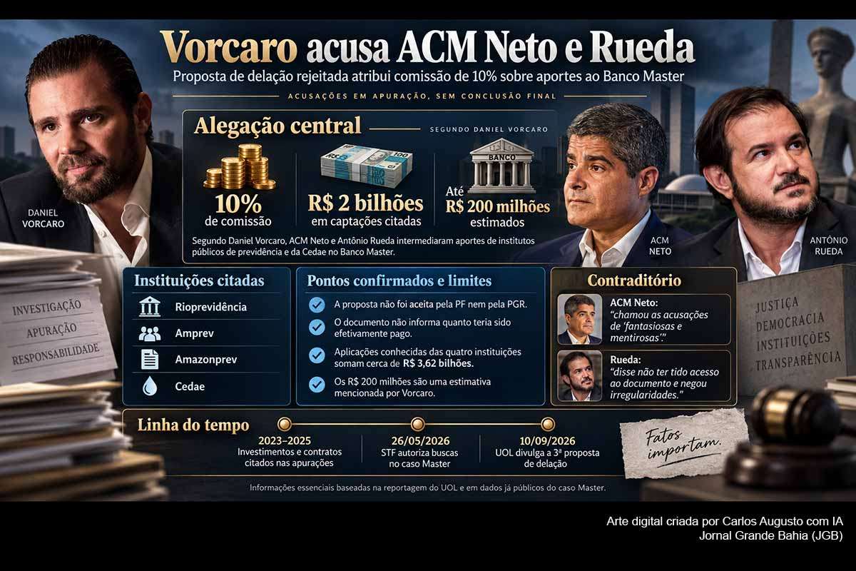 Daniel Vorcaro afirmou em proposta de colaboração rejeitada pela PF e pela PGR que ACM Neto e Antônio Rueda teriam direito a 10% sobre recursos captados para o Banco Master, estimando obrigação de até R$ 200 milhões. O documento não informa quanto teria sido pago e contém divergências com registros conhecidos. Os dois políticos negam irregularidades. PF, PGR e STF deverão avaliar documentos, contratos, mensagens e fluxos financeiros relacionados às acusações.
