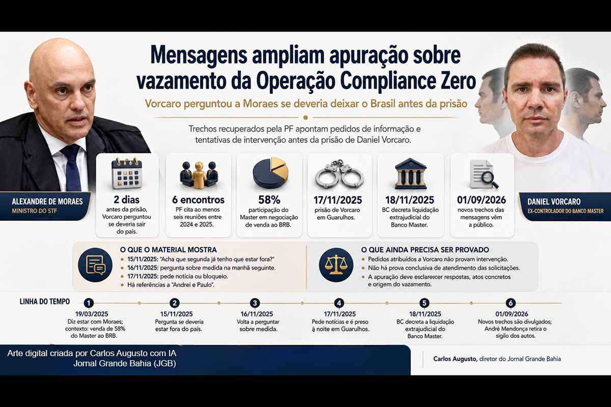 Mensagens recuperadas do celular de Daniel Vorcaro mostram que o ex-controlador do Banco Master buscou informações sobre sua eventual prisão e perguntou, dois dias antes de ser detido, se deveria deixar o Brasil. A PF atribui parte das comunicações a Alexandre de Moraes. O material também menciona Andrei Rodrigues e Paulo Gonet, mas ainda é necessário comprovar se pedidos de Vorcaro resultaram em ações de autoridades.