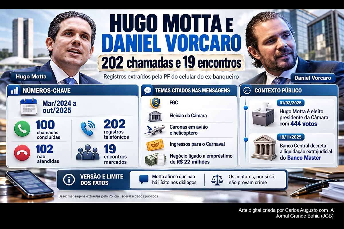 Registros extraídos pela Polícia Federal do celular de Daniel Vorcaro mostram 202 chamadas, das quais 100 concluídas, e ao menos 19 encontros combinados com Hugo Motta entre 2024 e 2025. As conversas abordam FGC, eleição da Câmara, viagens e uma operação vinculada a empréstimo de pelo menos R$ 22 milhões. Motta nega favorecimento ou ilícitos. As investigações deverão esclarecer eventual conexão entre interesses privados e atos públicos.