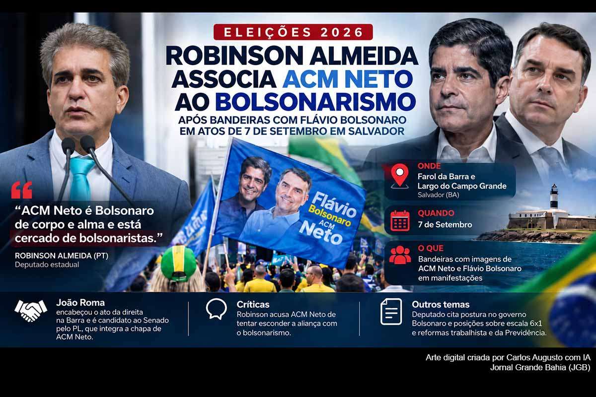 O deputado estadual Robinson Almeida (PT) associou ACM Neto ao bolsonarismo após registro atribuído à Folha de S.Paulo mostrar bandeiras com o ex-prefeito e Flávio Bolsonaro em manifestações de 7 de Setembro em Salvador. O parlamentar citou alianças partidárias, a relação com o governo Jair Bolsonaro e questões trabalhistas. O conteúdo não apresenta resposta de ACM Neto nem documentos que comprovem parte das acusações formuladas pelo deputado.