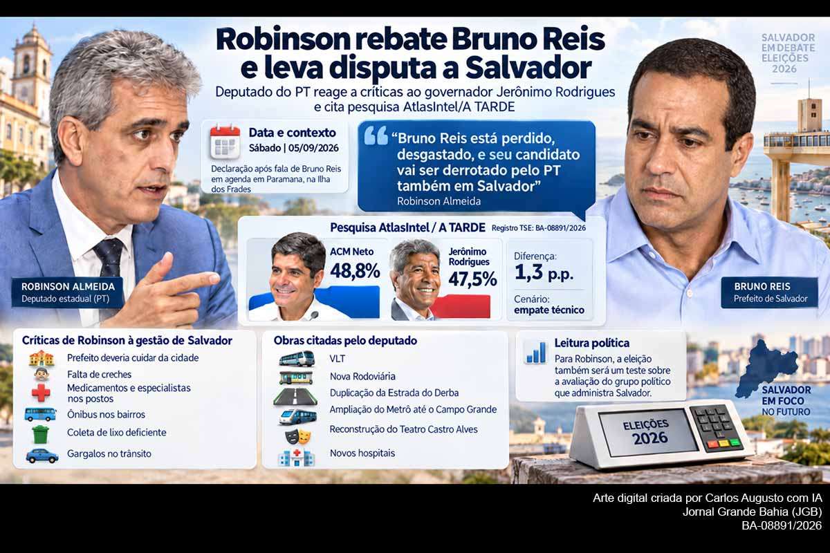 O deputado Robinson Almeida (PT) rebateu, no sábado (05/09/2026), críticas do prefeito Bruno Reis (União Brasil) ao governador Jerônimo Rodrigues (PT) e associou as declarações à disputa com ACM Neto. A pesquisa AtlasIntel/A TARDE registra 48,8% para Neto e 47,5% para Jerônimo, configurando empate técnico. Robinson também criticou a gestão de Salvador e citou investimentos estaduais, ampliando o confronto político entre PT e União Brasil.