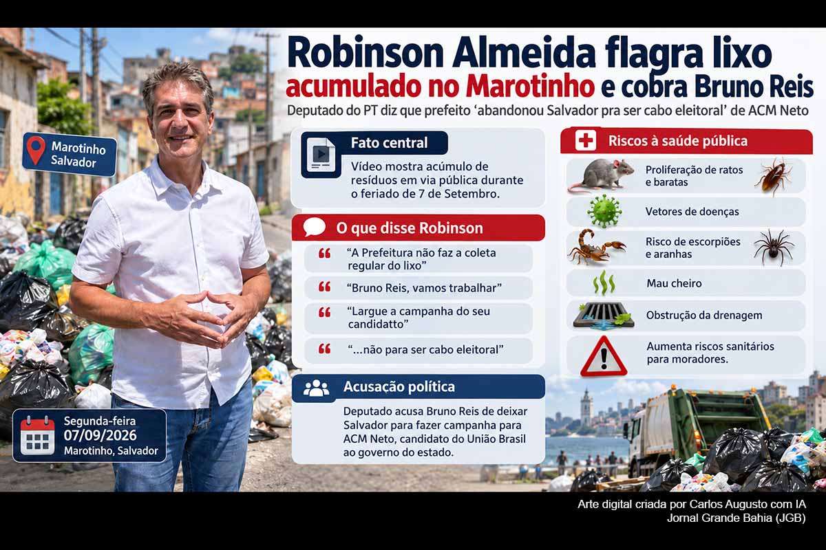 O deputado estadual Robinson Almeida (PT) registrou, na segunda-feira (07/09/2026), lixo acumulado no bairro do Marotinho, em Salvador, e cobrou providências do prefeito Bruno Reis. O parlamentar também acusou o gestor de priorizar a campanha de ACM Neto ao Governo da Bahia. O episódio envolve questões de limpeza urbana, saúde pública e prestação de serviços municipais, enquanto se aguarda posicionamento dos órgãos responsáveis sobre a situação registrada.
