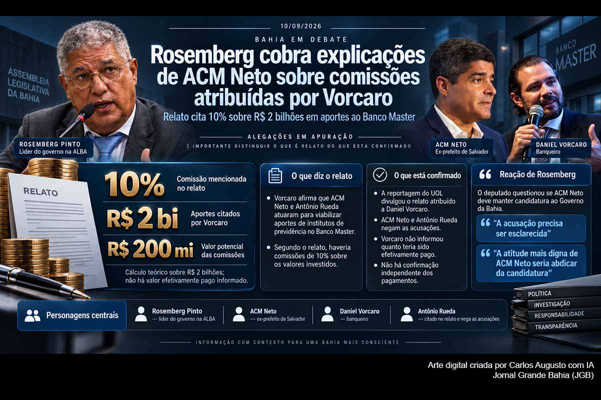 O deputado Rosemberg Pinto cobrou explicações de ACM Neto após relato atribuído a Daniel Vorcaro mencionar supostas comissões de 10% relacionadas a R$ 2 bilhões em aportes no Banco Master, percentual correspondente potencialmente a R$ 200 milhões. Vorcaro não informou quanto teria sido efetivamente pago. ACM Neto e Antônio Rueda negam as acusações, enquanto o episódio passa a repercutir na disputa política baiana.