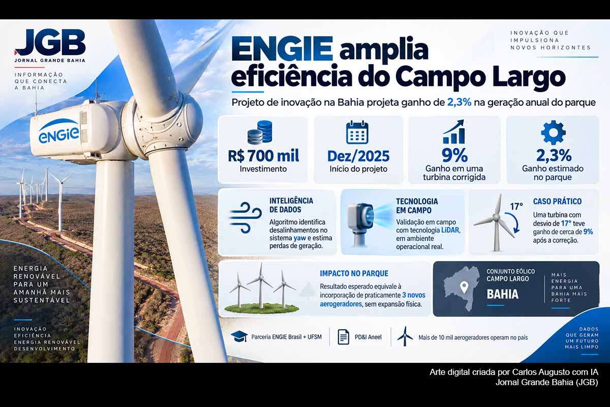 A ENGIE concluiu projeto de R$ 700 mil no Conjunto Eólico Campo Largo, na Bahia, para detectar e corrigir desalinhamentos de aerogeradores. Em uma turbina com desvio de 17 graus, a correção elevou a geração anual em cerca de 9%. Com ajustes em outras unidades, a empresa projeta ganho de 2,3% no parque, equivalente à produção de praticamente três novos aerogeradores, em iniciativa desenvolvida com a UFSM no programa de PD&I da Aneel.