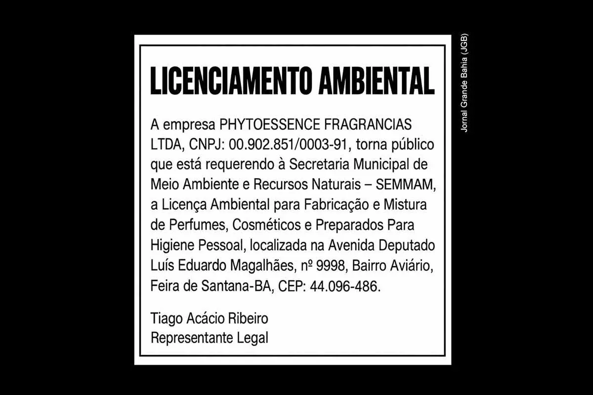 Empresa Phytoessence Fragrâncias Ltda solicita à Secretaria Municipal de Meio Ambiente e Recursos Naturais (SEMMAM) licença ambiental para atividade de fabricação e mistura de perfumes, cosméticos e preparados para higiene pessoal no bairro Aviário.