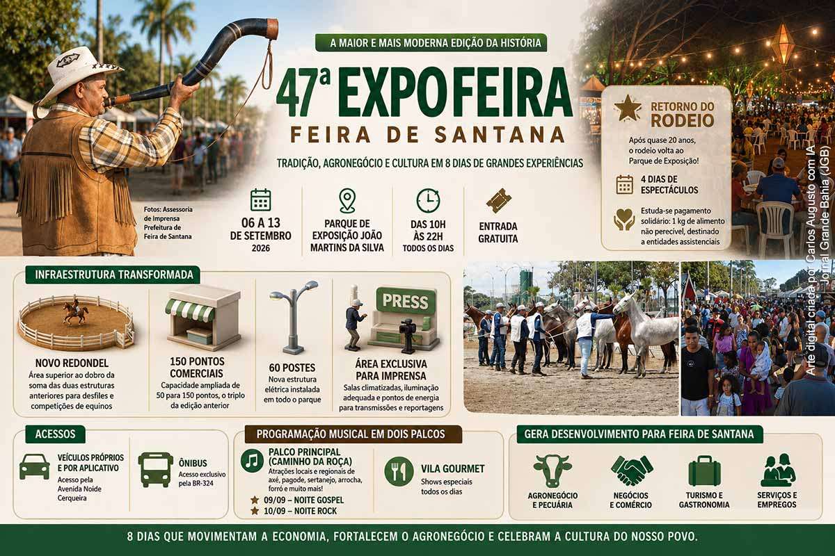 Feira de Santana realiza, de 6 a 13 de setembro de 2026, a 47ª Expofeira, no Parque João Martins da Silva. A edição terá capacidade ampliada de 50 para 150 pontos comerciais, novo redondel, 60 postes, área destinada à imprensa e retorno do rodeio após quase 20 anos. A programação inclui atividades agropecuárias, atrações musicais, gastronomia e entrada gratuita, com visitação diária das 10h às 22h.