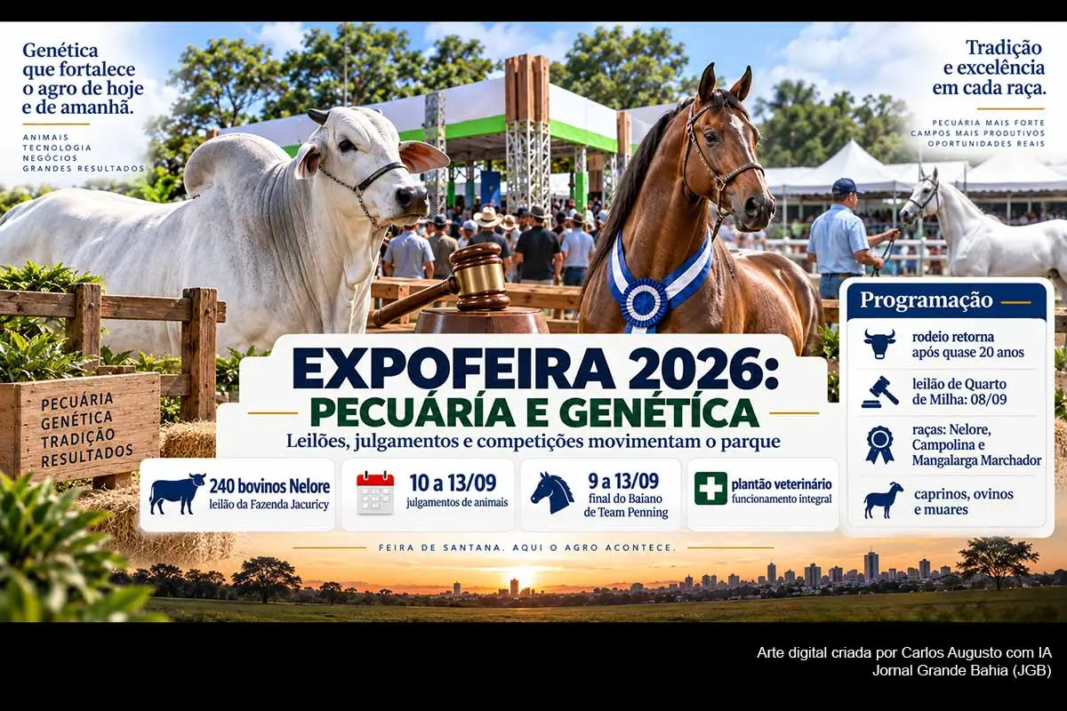 A Expofeira 2026 mantém a pecuária como um de seus eixos centrais, com julgamentos de diferentes raças, leilões, competições e assistência sanitária. Um dos destaques será a oferta de cerca de 240 bovinos Nelore da Fazenda Jacuricy. A programação inclui ainda Team Penning, retorno do rodeio e avaliações técnicas realizadas por associações e núcleos de criadores.