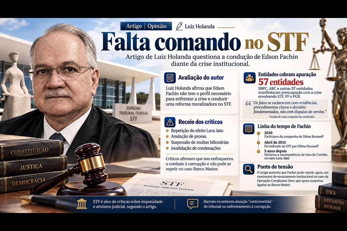 Em artigo, Luiz Holanda critica a condução do presidente do STF, Edson Fachin, diante da crise institucional relacionada às investigações do Banco Master e da Operação Compliance Zero. O autor menciona cobranças de entidades científicas por apuração imparcial, revisita decisões relacionadas à Lava Jato e questiona a capacidade de Fachin de conduzir o episódio. Os próximos atos do Supremo, da PGR e da Polícia Federal permanecem sob acompanhamento público.