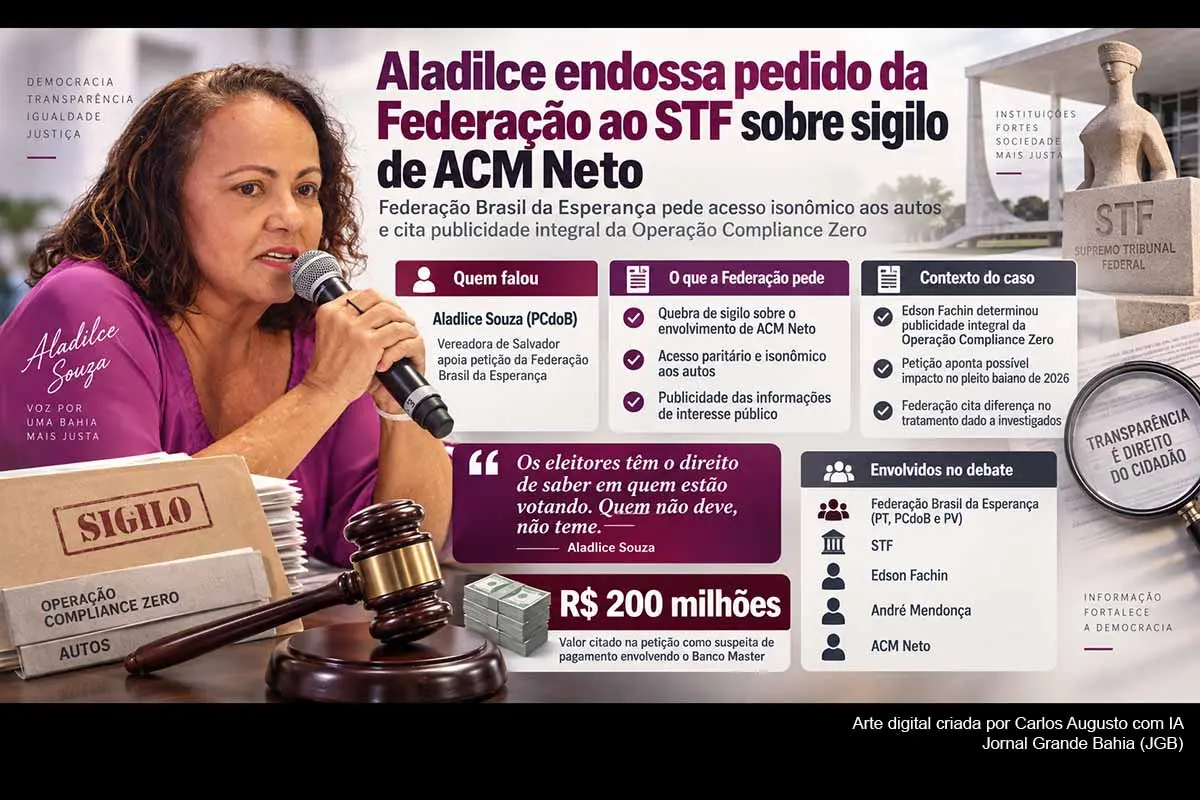 A Federação Brasil da Esperança, formada por PT, PCdoB e PV, pediu ao STF acesso a procedimentos sigilosos relacionados a ACM Neto no Caso Master. A vereadora Aladilce Souza apoiou a iniciativa. O pedido cita R$ 3,6 milhões pagos pelo Master e pela Reag à empresa do candidato e alegações não comprovadas de comissões de até R$ 200 milhões. ACM Neto nega irregularidades, enquanto o STF deverá decidir sobre a publicidade dos autos.