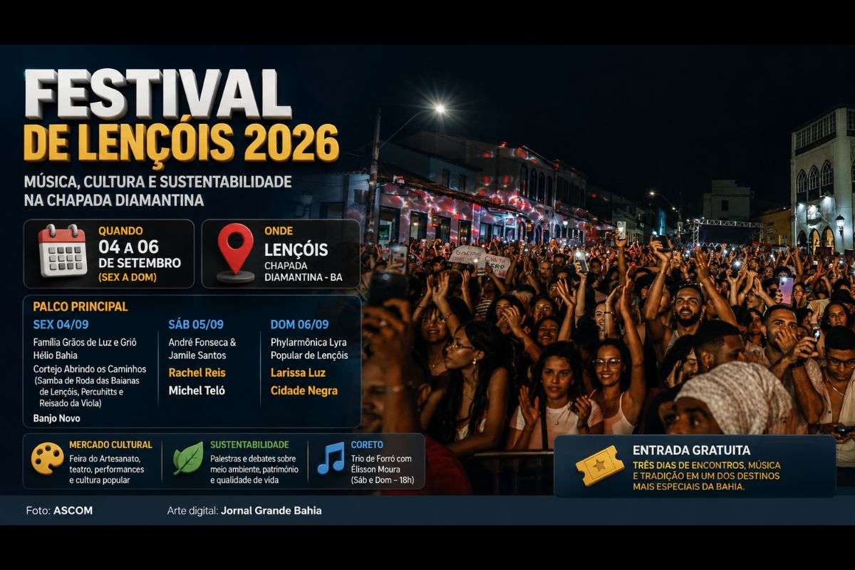 Programação gratuita reúne música, cultura popular, artesanato e atividades sobre sustentabilidade até domingo (06/09/2026), em Lençóis, na Chapada Diamantina.