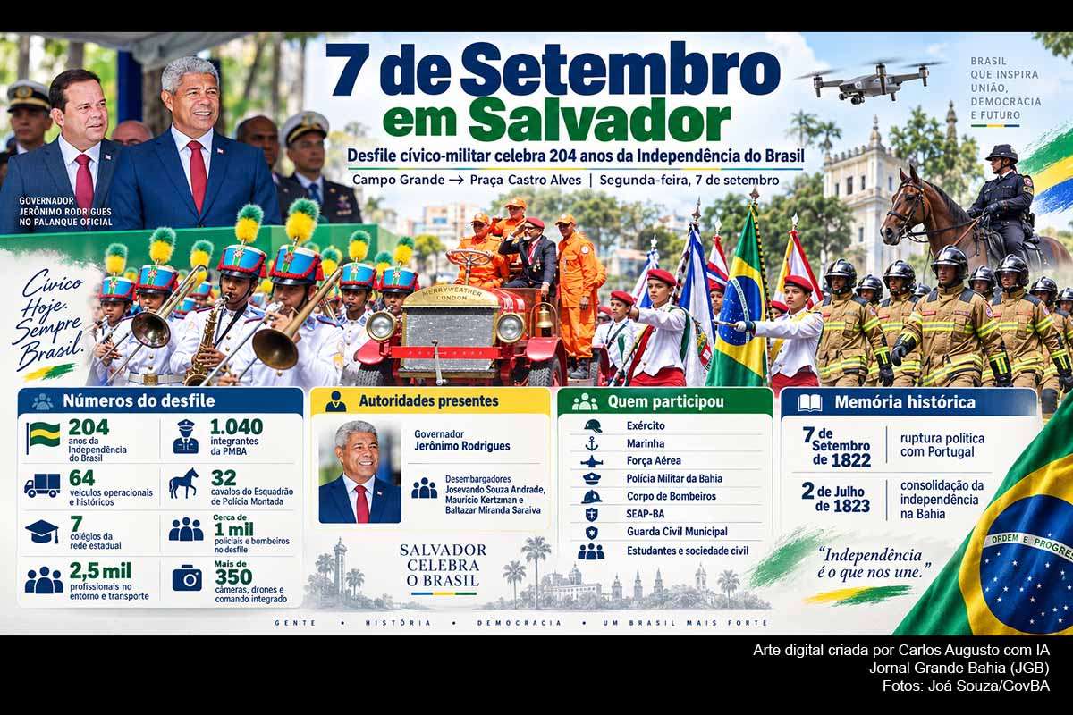 Salvador celebrou, nesta segunda-feira (07/09/2026), os 204 anos da Independência do Brasil com desfile entre o Campo Grande e a Praça Castro Alves. O governador Jerônimo Rodrigues e os desembargadores Josevando Souza Andrade, Maurício Kertzman e Baltazar Miranda Saraiva participaram da programação, que mobilizou 1.040 integrantes da PMBA, 64 veículos, 32 cavalos, estudantes, forças militares e uma operação com 2,5 mil profissionais e mais de 350 câmeras.