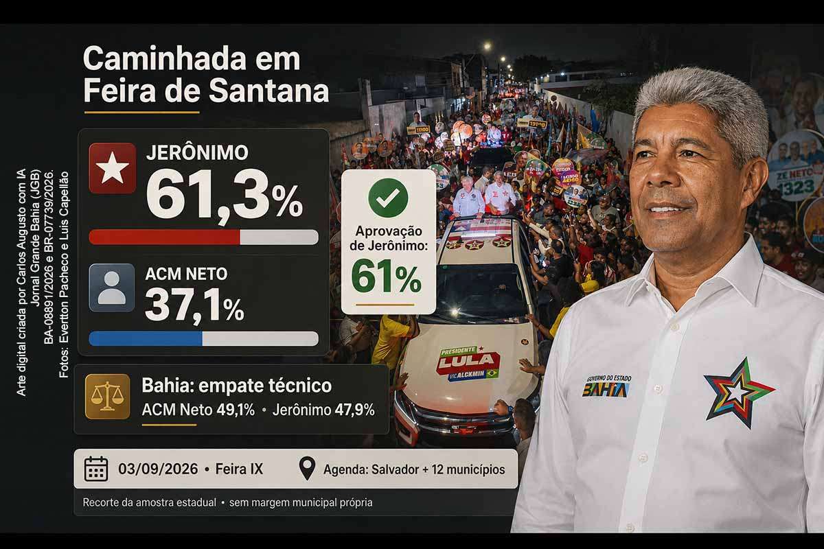 Jerônimo Rodrigues realizou caminhada no bairro Feira IX, em Feira de Santana, nesta quinta-feira (03/09/2026), após a AtlasIntel/A Tarde registrar 61,3% para sua candidatura no recorte local e 37,1% para ACM Neto. A pesquisa estadual, com 1.804 entrevistados, aponta empate técnico na Bahia. O governador anunciou compromissos em Salvador e outros 12 municípios, enquanto os segmentos regionais exigem cautela por não apresentarem margens de erro próprias.