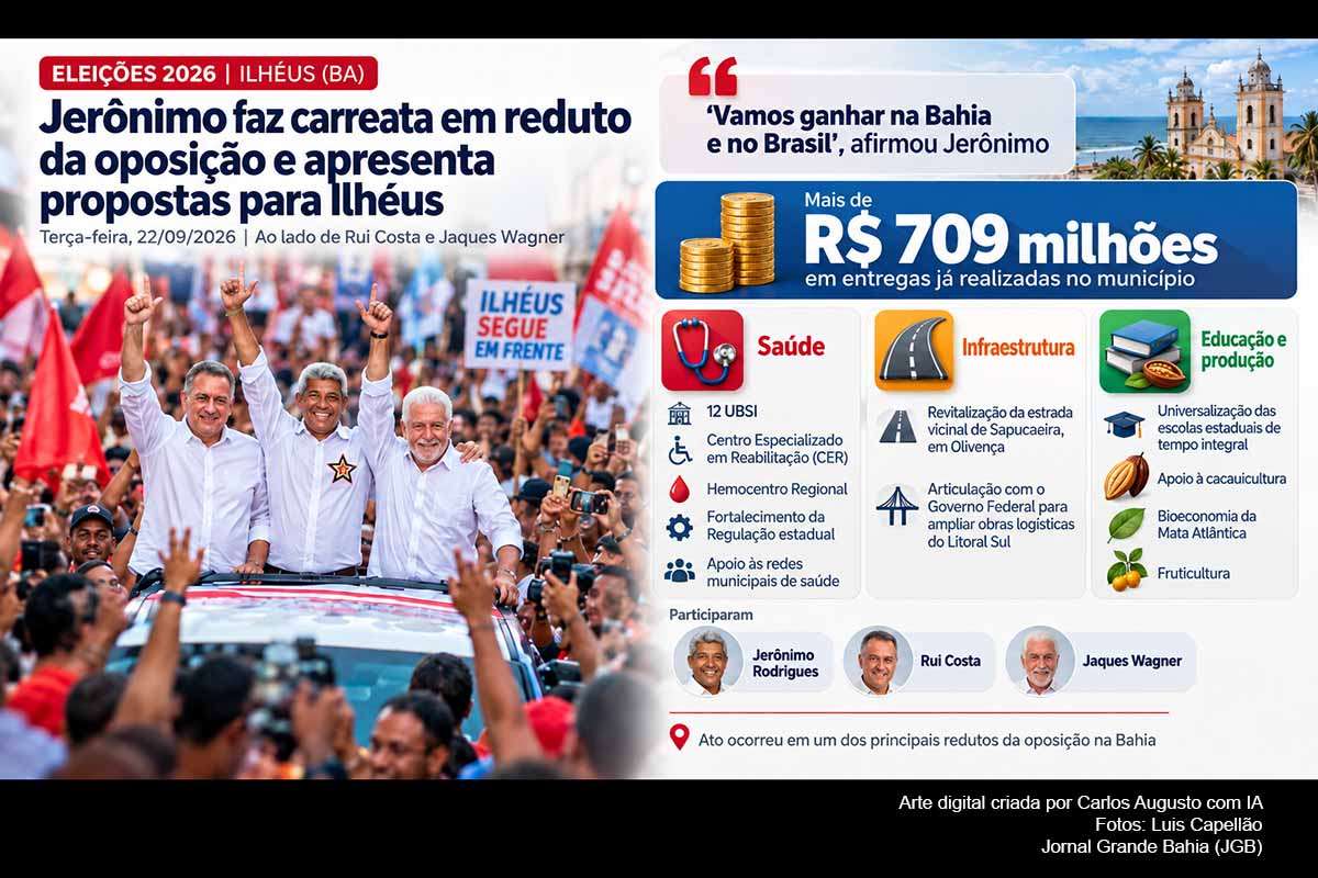 O governador e candidato à reeleição Jerônimo Rodrigues realizou carreata em Ilhéus, na terça-feira (22/09/2026), acompanhado de Rui Costa e Jaques Wagner, e declarou acreditar em vitória no primeiro turno. A campanha apresentou propostas que incluem 12 UBS indígenas, CER, Hemocentro Regional, investimentos em infraestrutura, educação integral e apoio à cacauicultura. O grupo também informou mais de R$ 709 milhões em entregas anteriores no município.