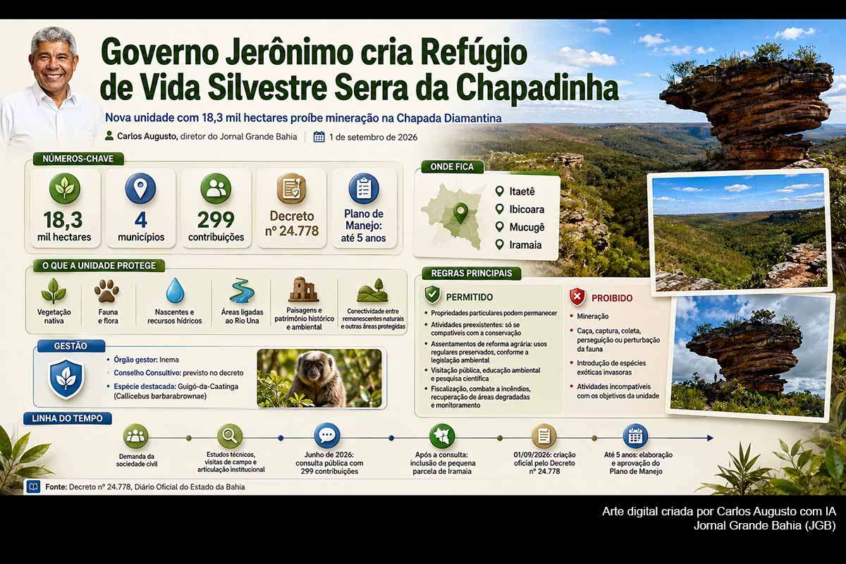 A Bahia criou o Refúgio de Vida Silvestre Serra da Chapadinha, com aproximadamente 18,3 mil hectares em Itaetê, Ibicoara, Mucugê e Iramaia. O Decreto nº 24.778 protege nascentes, fauna, flora e paisagens, proíbe mineração e admite propriedades e usos compatíveis com a conservação. O Inema administrará a unidade, que terá Conselho Consultivo e deverá receber um Plano de Manejo em até cinco anos.