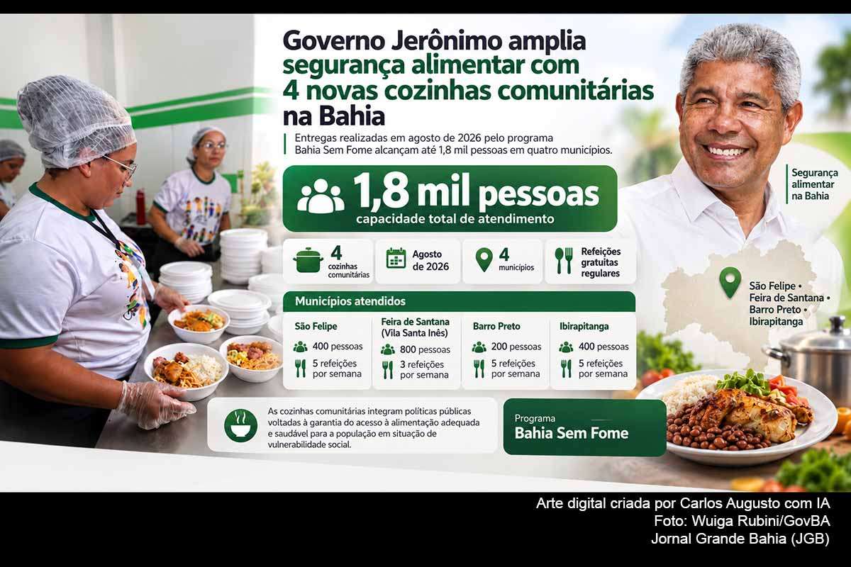 O Governo Jerônimo entregou, em agosto de 2026, quatro cozinhas comunitárias vinculadas ao Bahia Sem Fome em São Felipe, Feira de Santana, Barro Preto e Ibirapitanga. As unidades somam capacidade para atender até 1,8 mil pessoas, com três ou cinco refeições semanais, conforme o município. O acompanhamento deverá verificar regularidade, atendimento efetivo, custos, gestão e continuidade da política de segurança alimentar.