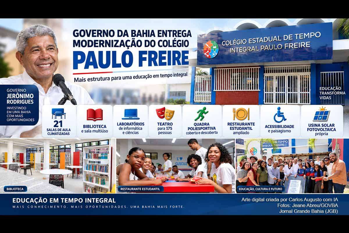 O Governo da Bahia entregou, nesta terça-feira (08/09/2026), a modernização do Colégio Estadual de Tempo Integral Paulo Freire, em Salvador. A unidade recebeu 21 salas climatizadas, laboratórios, biblioteca, restaurante ampliado, teatro para 175 pessoas, quadras esportivas, acessibilidade e usina solar. A agenda estadual continua na quarta-feira (09/09), com entregas de unidades em São Cristóvão e no Nordeste de Amaralina.