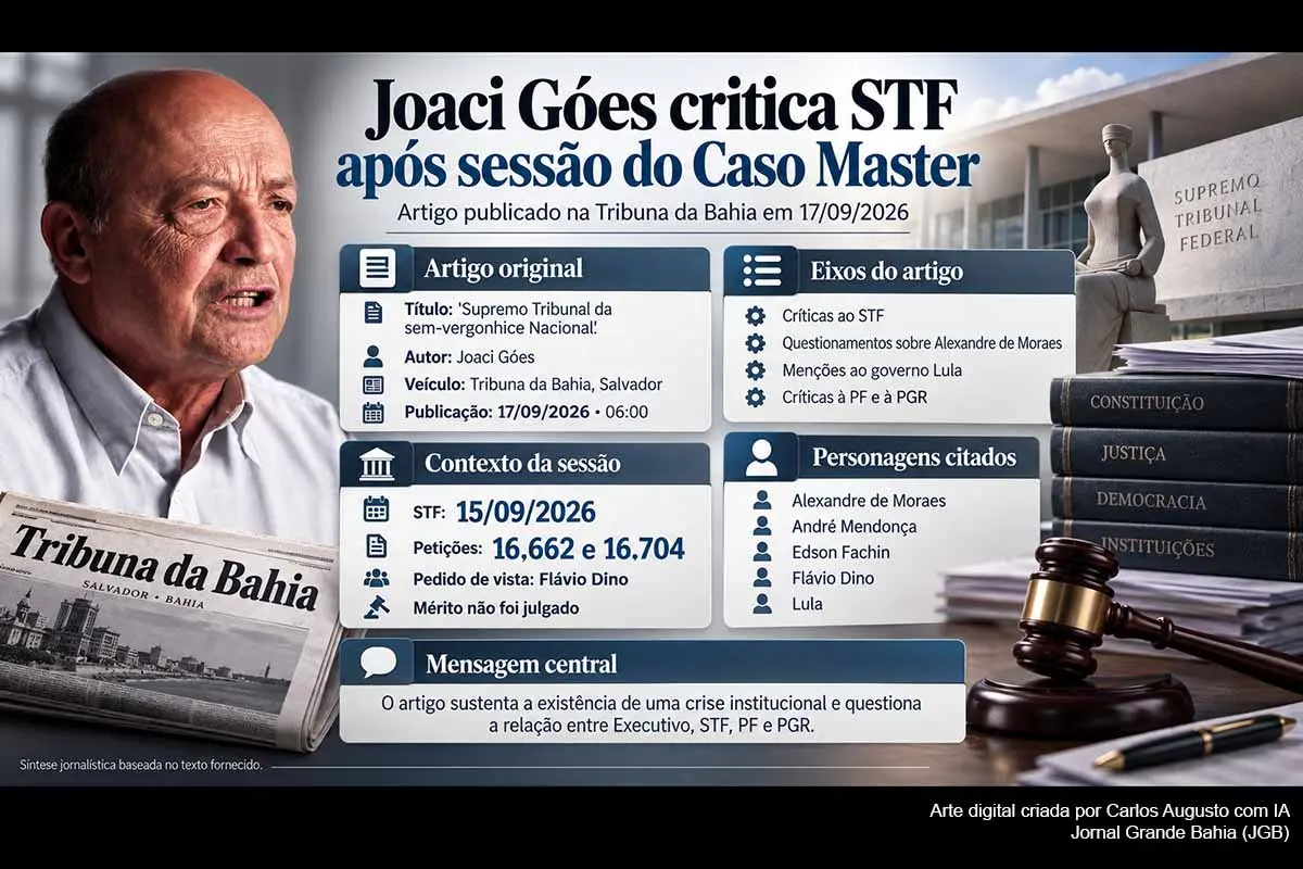 Publicado em 17/09/2026 na Tribuna da Bahia, artigo de Joaci Góes critica o STF, Alexandre de Moraes, o governo Lula, a PGR e a Polícia Federal no contexto do Caso Banco Master. A sessão de 15 de setembro, porém, não julgou o mérito das questões envolvendo Moraes e foi suspensa após pedido de vista de Flávio Dino. Os procedimentos permanecem sob análise do Supremo, com questões processuais ainda pendentes.