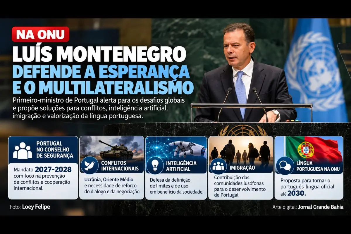 Primeiro-ministro de Portugal participou do debate geral da 81ª Assembleia Geral da ONU e abordou conflitos, multilateralismo, imigração e a ampliação do português no sistema das Nações Unidas.
