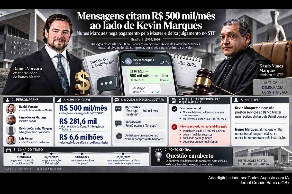 Mensagens extraídas do celular de Daniel Vorcaro relacionam o nome e o telefone do advogado Kevin Marques, filho do ministro Kassio Nunes Marques, à anotação de R$ 500 mil mensais. Os registros não comprovam que o valor tenha sido efetivamente pago. Kevin nega serviços ao Master e afirma ter recebido apenas por trabalho para a Consult. Nunes Marques reiterou a negativa e declarou impedimento no julgamento sobre Moraes.