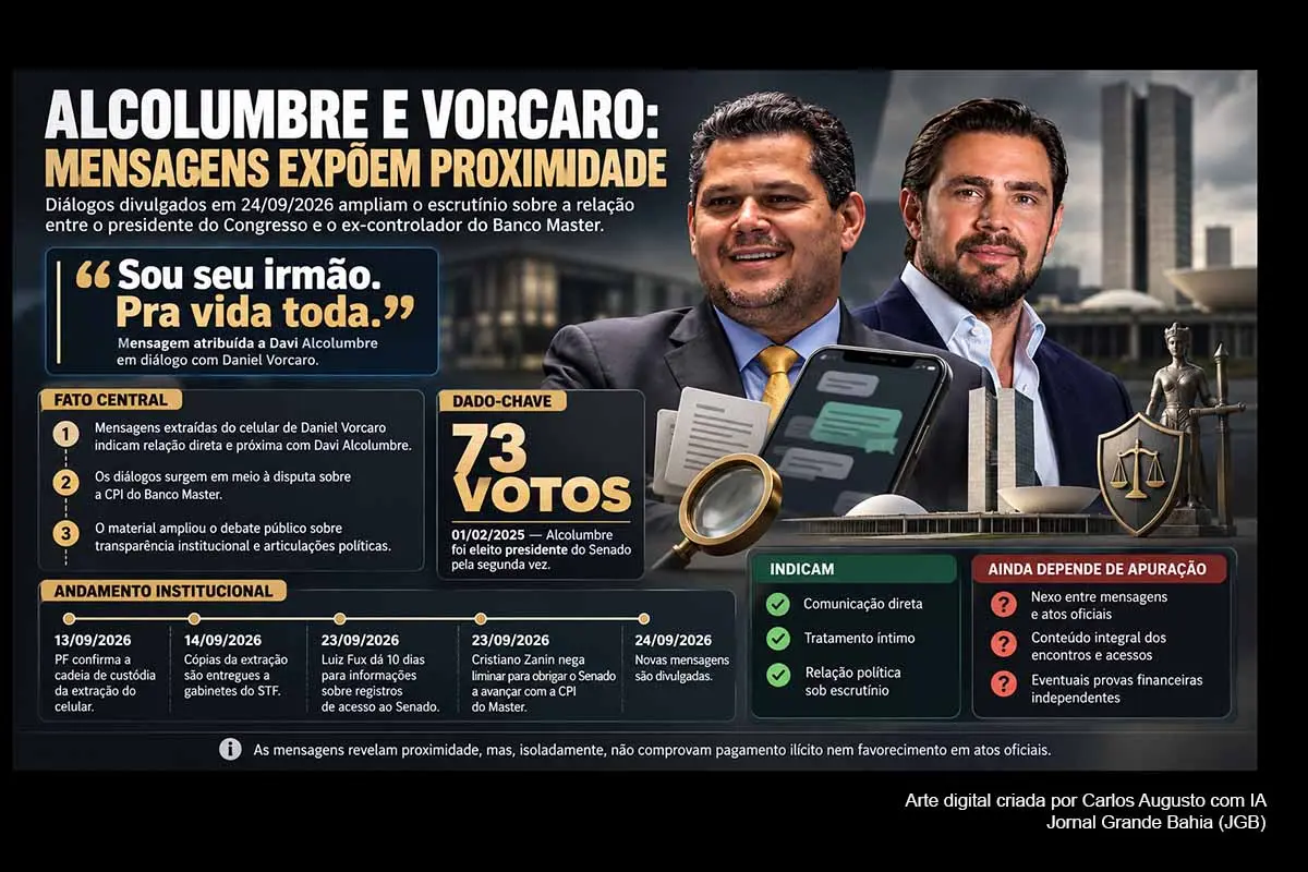 Mensagens extraídas do celular de Daniel Vorcaro indicam relação pessoal próxima com Davi Alcolumbre, presidente do Senado e do Congresso. Os registros surgem enquanto o STF analisa a CPI do Banco Master e cobra informações sobre acessos ao Senado. Os diálogos não comprovam o alegado pagamento de US$ 30 milhões nem eventual favorecimento, mas ampliam a necessidade de apuração documental, contraditório e transparência institucional.